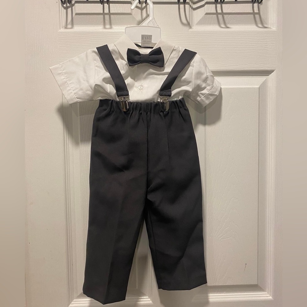 Toddler boy formal outfit with bow tie, suspenders & classic flat hat